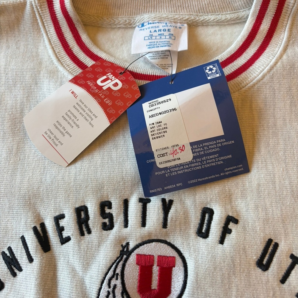 NWT Champion Reverse Weave Utah Utes Crewneck L Oatmeal Striped Collar Trim - Picture 4 of 8